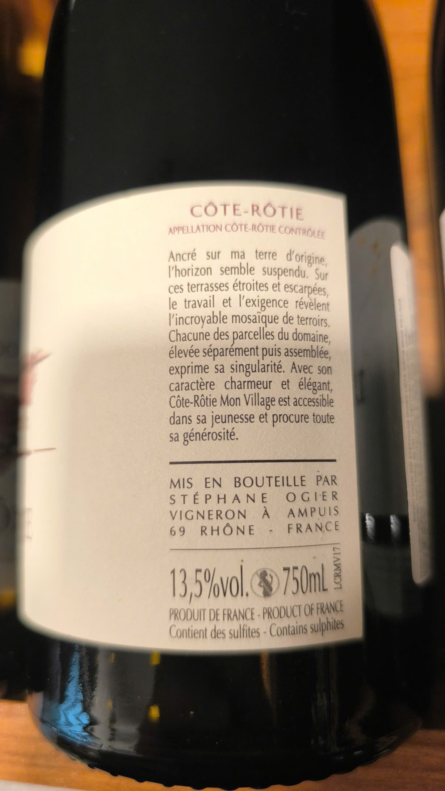 stephane ogier Cote Rotie Mon Village - back label